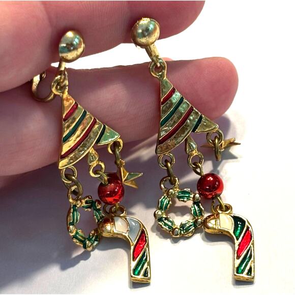 Christmas holiday theme clip on earrings drop & dangle gold multicolor novelty - Picture 7 of 7